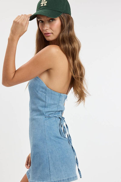 LIGHT BLUE DENIM WAIST TIE POINT TUBE MINI DRESS
