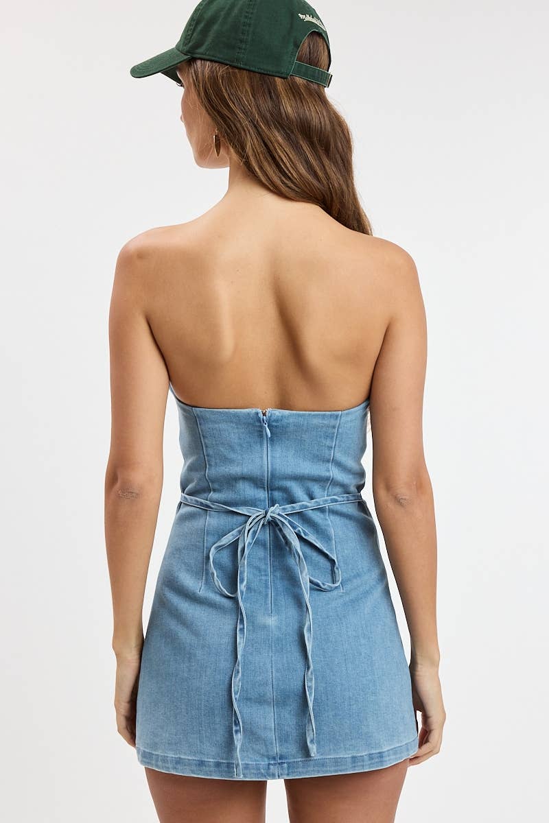 LIGHT BLUE DENIM WAIST TIE POINT TUBE MINI DRESS